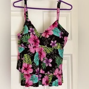 St Johns Bay Swim Tankini Tank Top Size14 Black w/Pink/Purple Blue/Green Floral